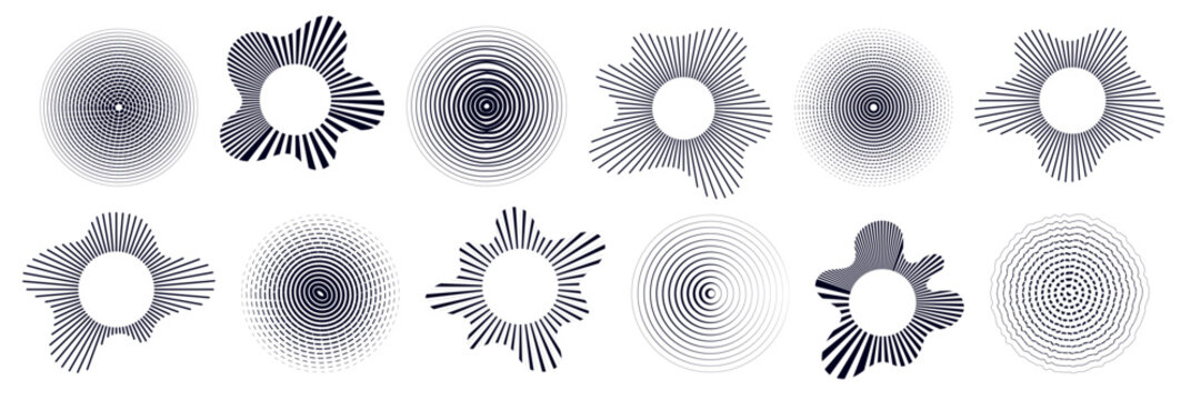 Set of radiate echo patterns. Black concentric circular and radial shockwave collection. Abstract vector round, ripple, signal elements.