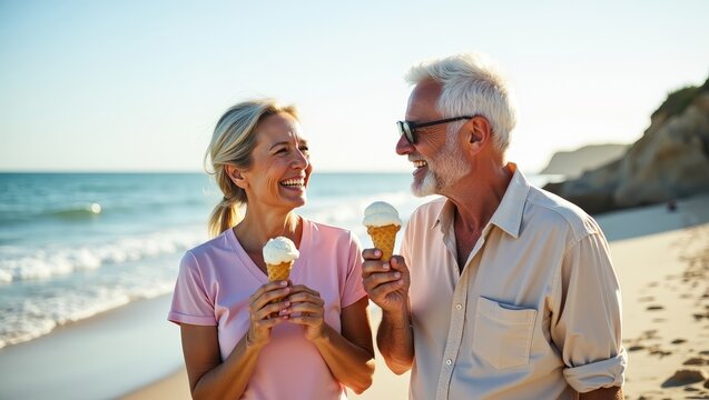 Smiling senior couple enjoying ice cream while walking along a sunny beach. Happy elderly man and woman spending quality time together during retirement, celebrating love, companionship, healthy aging