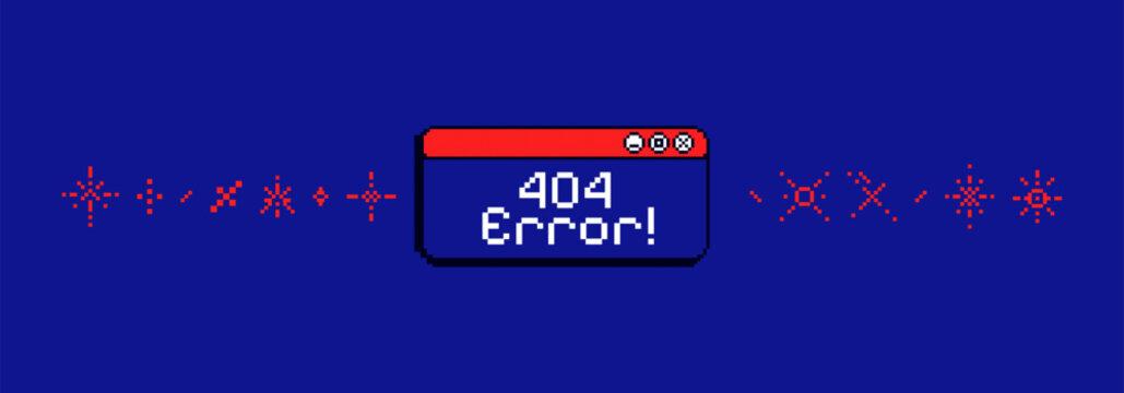 Pixel game background with text "404 error". 8bit sparkle, sticker. Banner with 90s game vibe.