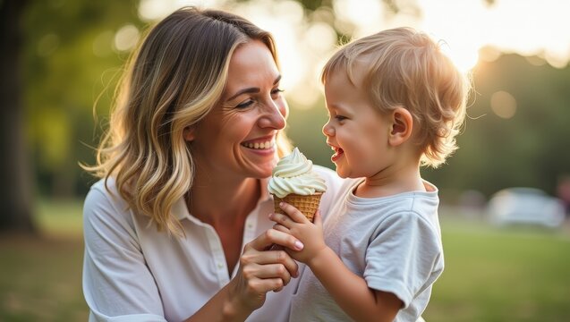 Happy mother with little son sharing ice cream outdoors, warm family moment, smiling faces, tender connection, summer lifestyle, parenting love, childhood joy	
