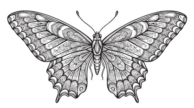 Intricate butterfly line art illustration, detailed insect engraving for coloring book, black and white swallowtail butterfly vector graphic
