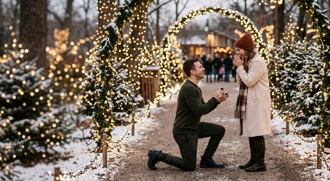 Romantic winter marriage proposal under illuminated Christmas lights. Man kneeling with a ring surprising his girlfriend on a snowy pathway. Holiday engagement concept