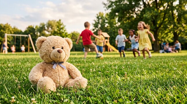 Teddy bear sits in grass with children playing in park background
