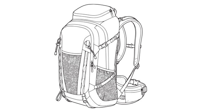 Technical backpack line art vector, hiking rucksack outline illustration, outdoor camping gear sketch, professional travel bag design template