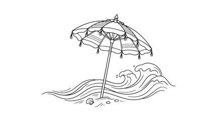 Traditional Balinese umbrella on beach with ocean waves, hand drawn tropical parasol line art vector, exotic summer vacation illustration © vector hub