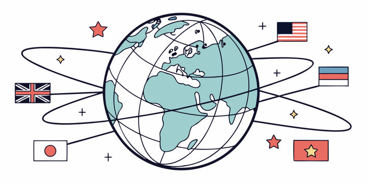 Globe represents global connectivity with international flags orbiting the planet in a network.