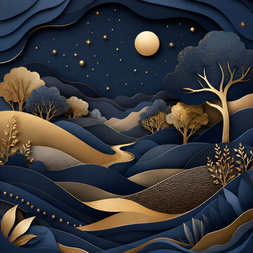 Luxury Blue and Gold Paper Cut Night Landscape with Moon and Trees