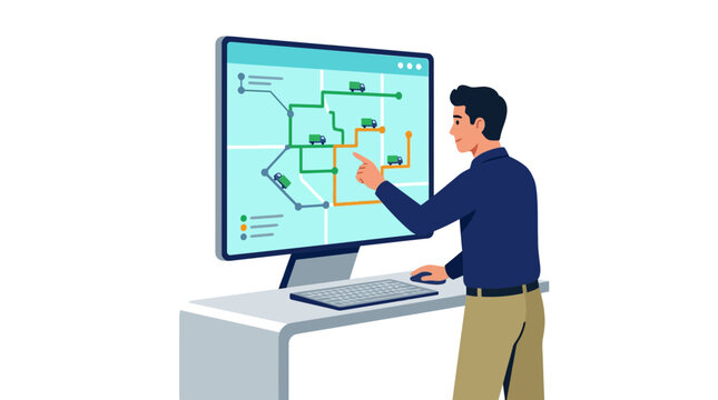 Logistics manager monitoring real time delivery routes and fleet tracking on digital dashboard
