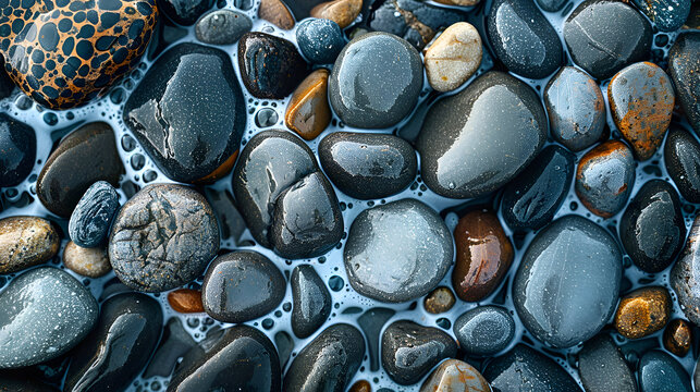 Smooth wet river stones and pebbles with bubbles
