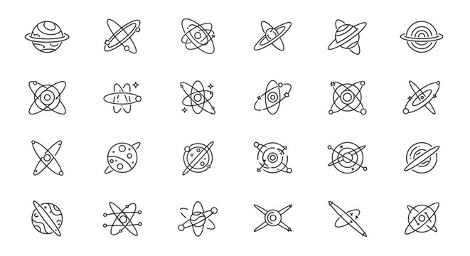 Hand-drawn space icons: planets, atoms, galaxies, orbits, and stars doodles