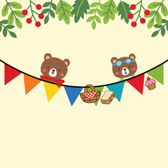 Fototapeta premium Two cute bear characters are depicted lively under colorful banner decorations, symbolizing joy and celebration, perfect for children's themes or festive events.