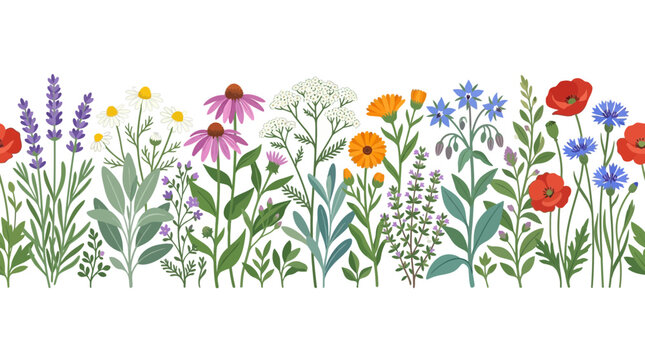 Horizontal border of hand drawn botanical summer wildflowers and garden herbs