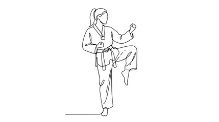 Obraz premium Female martial artist in fighting stance. Continuous one line drawing illustration. Karate or taekwondo sport graphic isolated on white background