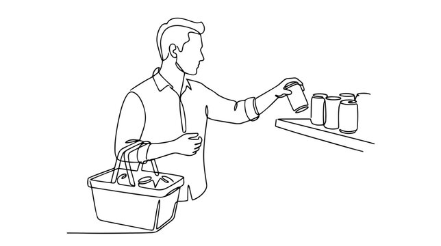 Man buying canned food in supermarket. Continuous one line drawing illustration. Minimalist grocery shopping vector graphic isolated on white background