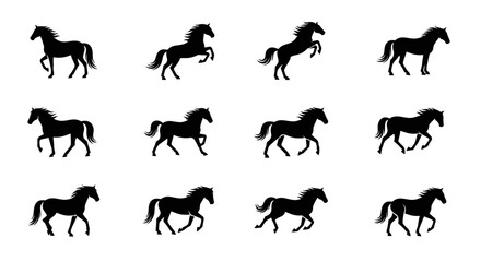 Obraz premium Multiple horses in various running poses are depicted in silhouette against a plain background.