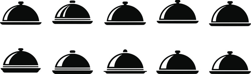 Fototapeta premium Black food cloche silhouettes, restaurant serving dome vector illustration set, catering design collection, hospitality icons, dining service artwork
