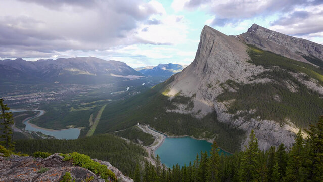 Aerial View of Bow Valley and Ha Ling Peak from Grassi Lakes Trail, Canmore, Canadian Rockies, Alberta, Canada