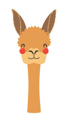 Fototapeta premium Cute little vicuna face illustration isolated. Kawaii cartoon character. Wild animal, baby animal, wildlife, nature, fauna. Kids print, design element, clip art. Hand drawn flat vector
