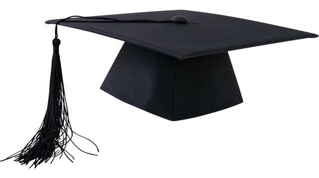 Elegant black graduation cap with tassel isolated on a transparent background, symbolizing academic achievement and higher education success.