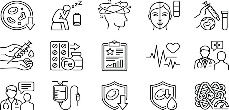 Anemia and Iron Deficiency Healthcare Icon Set Featuring Symptoms Diagnosis Treatment Blood Testing and Medical Care