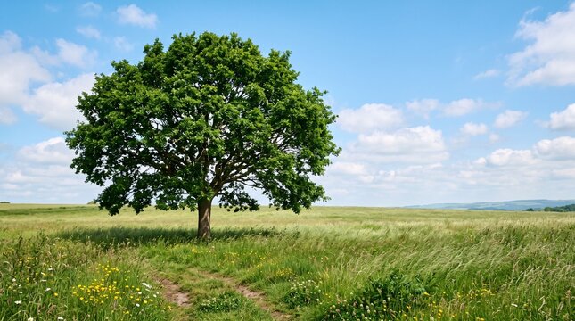 Lone tree, green landscape, serene nature scene, sunny meadow