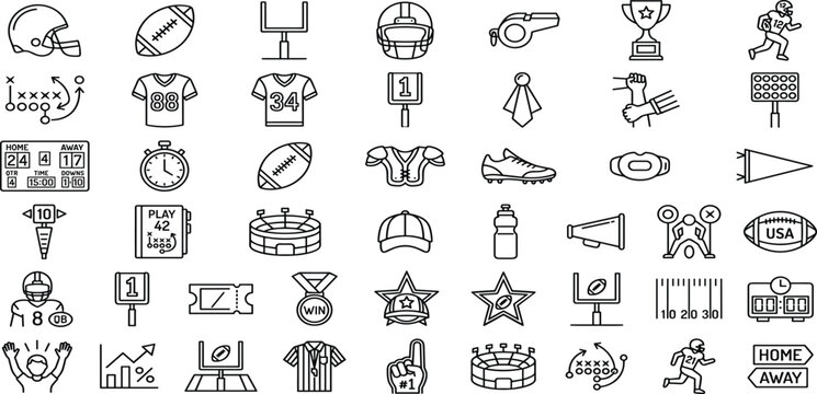 American Football Sports Icon Set Featuring Helmet Ball Players Referee Trophy Scoreboard and Championship Game Symbols