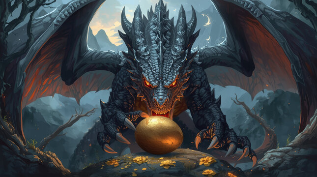 A large black dragon with blazing eyes bent over the golden egg lying before it.