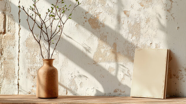 Minimalist scene featuring brown ceramic vase with branch, set against textured wall and blank canvas. soft shadows create serene atmosphere