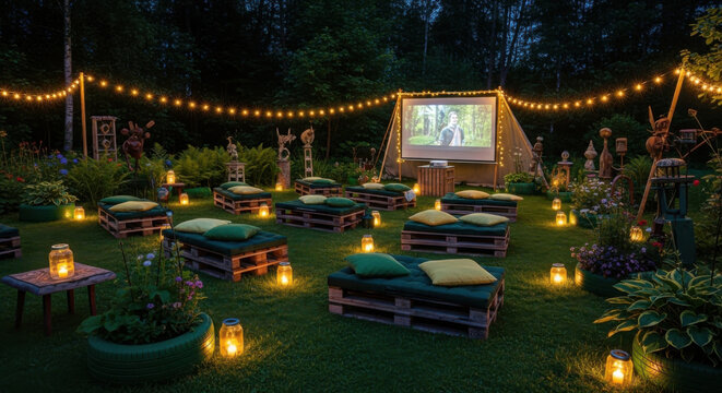 Magical Evening Outdoor Cinema Experience Under Twinkling Lights And Cozy Seating Arrangements