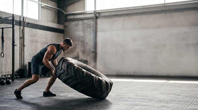 Man flipping large tire in gritty industrial gym for intense strength training workout