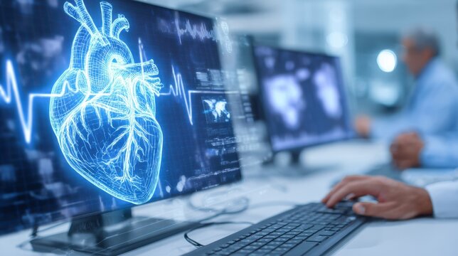 Technician tracking patient cardiovascular data from a blurred background workstation underscoring remote health surveillance effectiveness.