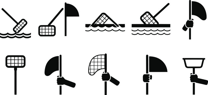 Black lifeguard rescue silhouettes, safety equipment vector illustration set, water rescue design collection, pool security icons, emergency artwork graphics