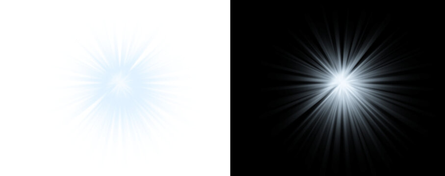 Radiant golden starburst effect featuring bright glowing rays emanating from a central point of light captured against both solid white and deep black backgrounds to showcase versatile visual design e