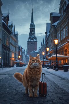 A fluffy red cat sitting on an old suitcase in the middle of a cobbled street of a snowy European town surrounded by old houses and burning lanterns.