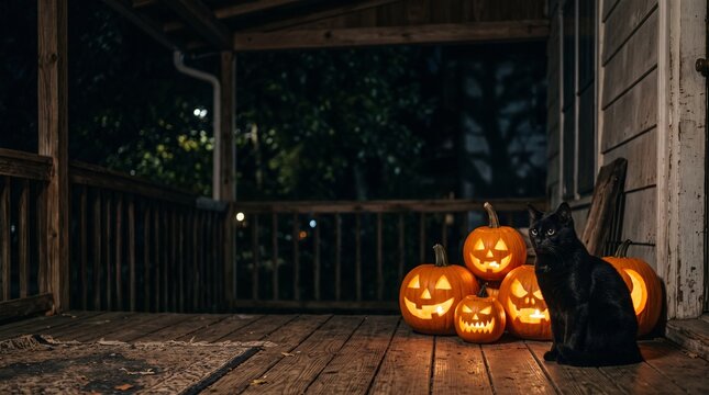 Black cat sits on porch with carved pumpkins for Halloween at night