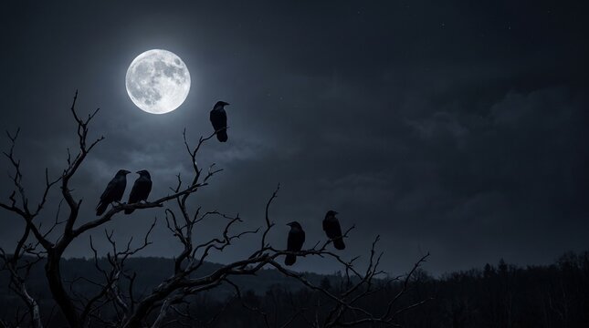 Crows perched on bare branches under a full moon on a dark night