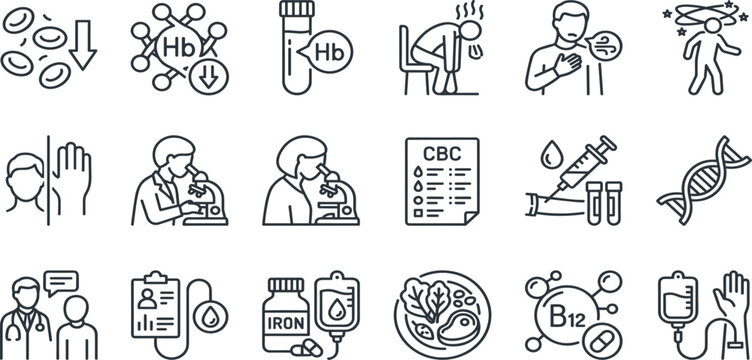 Anemia Diagnosis and Treatment Icon Set Featuring Hemoglobin Testing Blood Analysis Iron Therapy and Healthcare Symbols