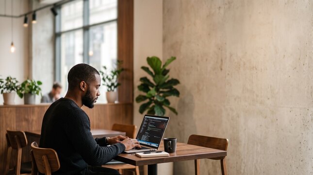 Man coding on laptop in modern cafe with plants and natural light