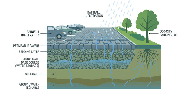 Eco-City Parking Lot Diagram: Permeable Pavers, Rainfall Infiltration, Groundwater Recharge