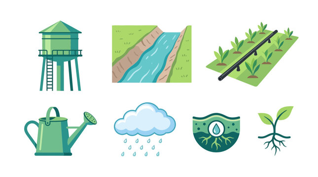 Farming and Agriculture Icons: Water Supply, Irrigation, and Plant Growth