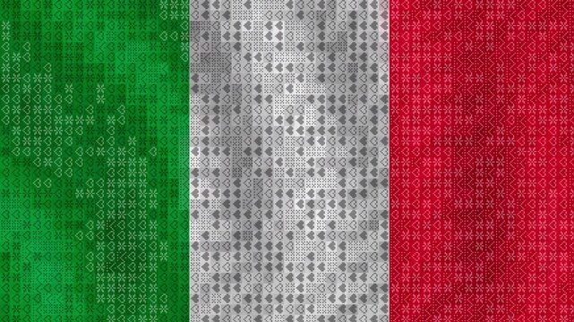 Italian flag with digital pixel mosaic effect, waving Italy national banner in green white and red, abstract geometric tricolor background for news and sports