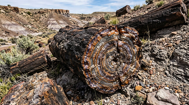 Striking cross-section of ancient petrified wood, revealing vibrant mineralized rings and fossilized texture in a sun-drenched desert landscape, highlighting geological history