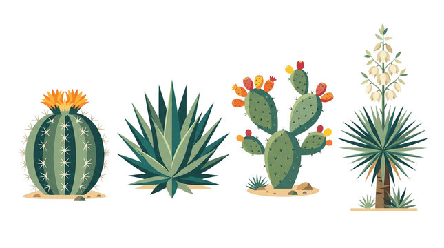 Desert cactus collection with blooming succulents, set of 4 botanical desert plants, prickly pear and agave illustration for landscaping design isolated PNG with Transparent Background