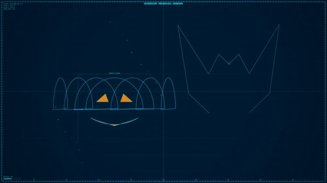 Animated digital blueprint of halloween pumpkin face and bat