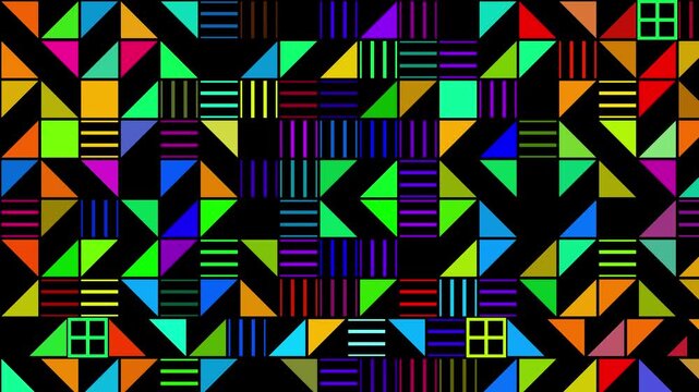 Cyberpunk glitch geometric pattern background, neon turquoise and yellow digital mosaic texture, futuristic pixel art abstract video loop