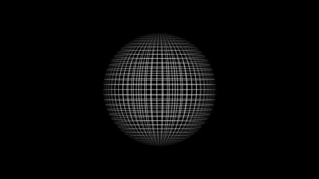 Abstract white digital sphere made of glowing geometric grid lines forming a round 3d wireframe structure isolated on a dark black background for futuristic technology or science concepts