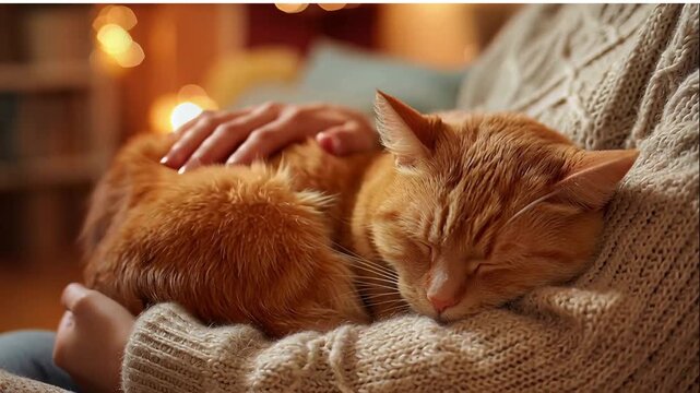 Cat orange sleeping on lap while human hand petting its fur gently