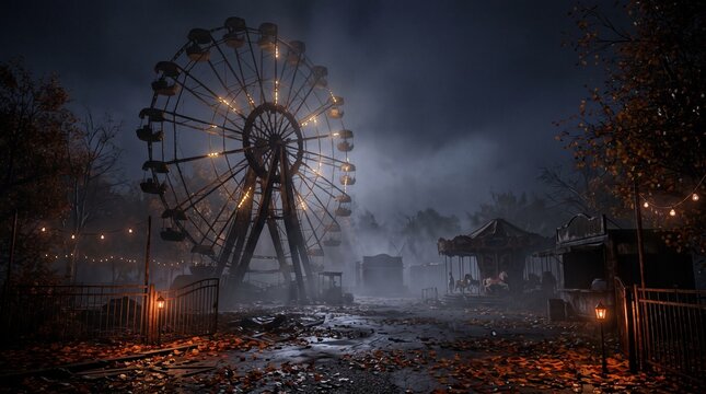 Abandoned Amusement Park at Night with Ferris Wheel and Carousel