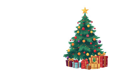 Obraz premium Christmas tree decorated with star and ornaments, surrounded by colorful presents, celebrating holiday tradition