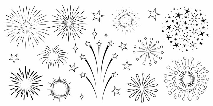 Fireworks display black and white line drawing on a white background